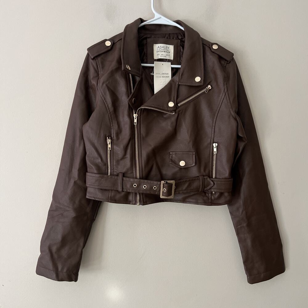 Ashley By 26 International Brown Faux Leather Biker Jacket Crop Size Large
